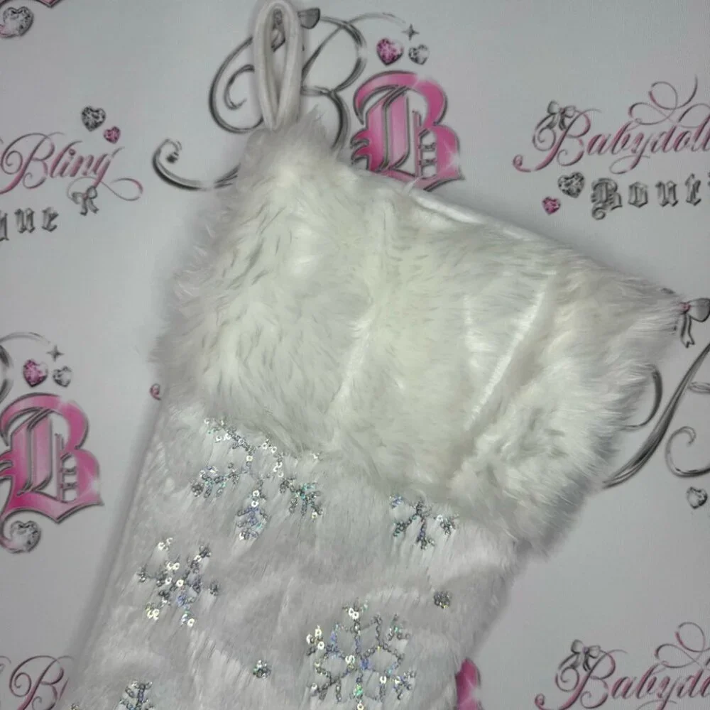 Stocking sparkly snow flakes holographic sequins furry white hanging Christmas